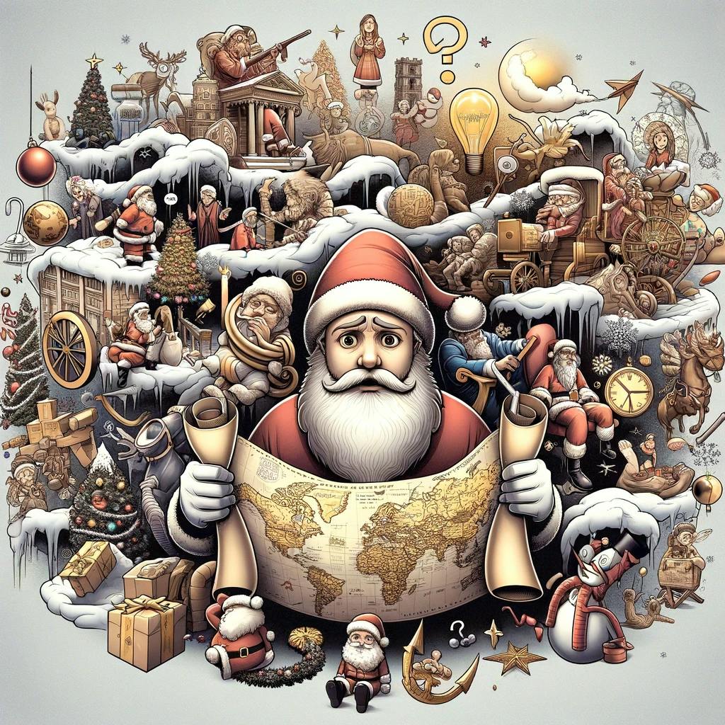 images depicting creative interpretations of common misconceptions about Christmas, featuring scenes and symbols that are often misunderstood or misinterpreted in Christmas traditions.