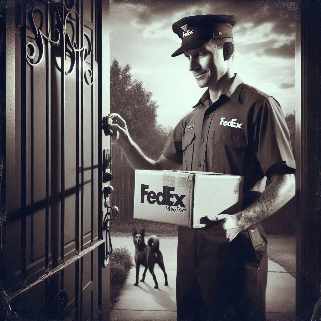 fedex delivery man stands while holding a box fedex delivery man stands while holding a box