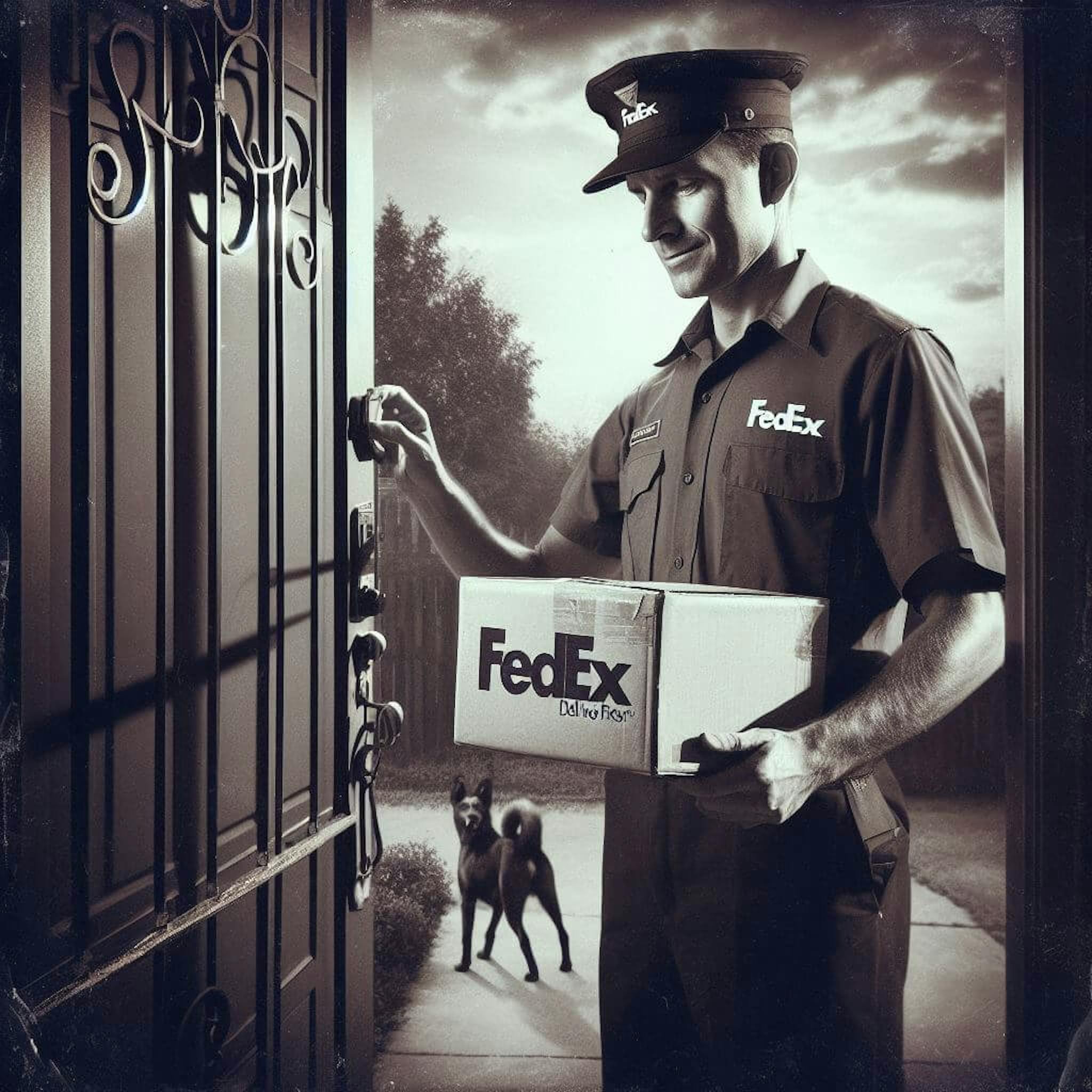 fedex delivery man stands while holding a box