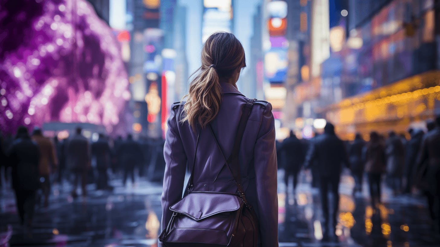 woman with backpack in time city street background