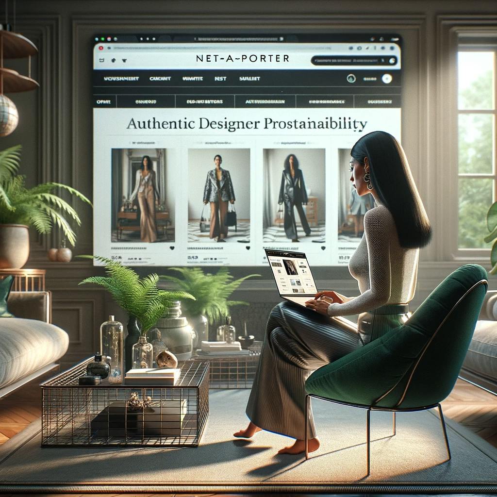 a scene of a fashion enthusiast exploring Net-a-Porter, focusing on authentic designer products and sustainability. 