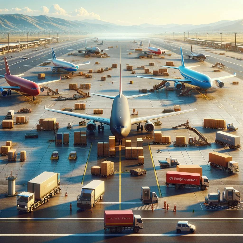 cargo airplanes at an international airport, without specific company labels. cargo airplanes at an international airport, without specific company labels.