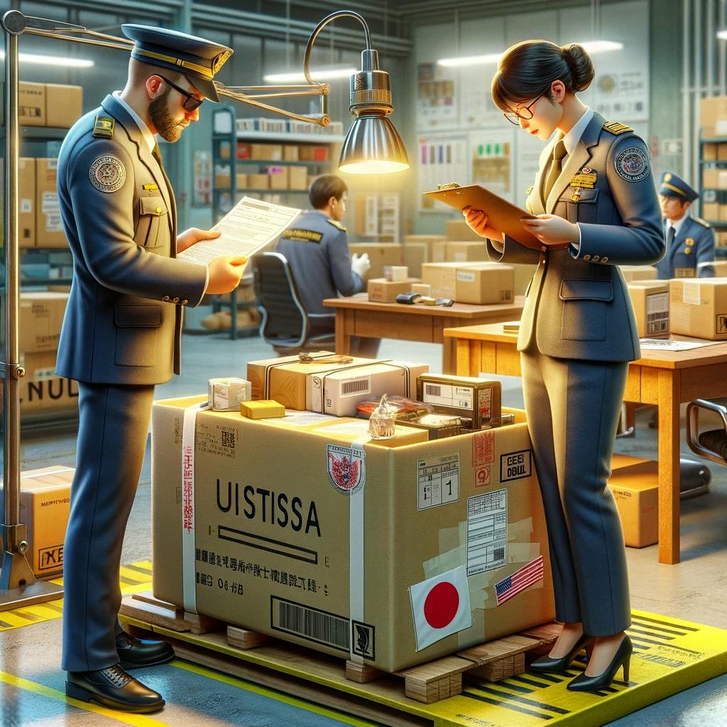 a package shipped internationally to Japan from the US being inspected by customs officers a package shipped internationally to Japan from the US being inspected by customs officers