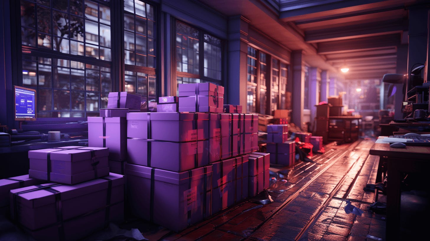 a room with purple colored boxes next to a light, in the style of photorealistic urban scenes