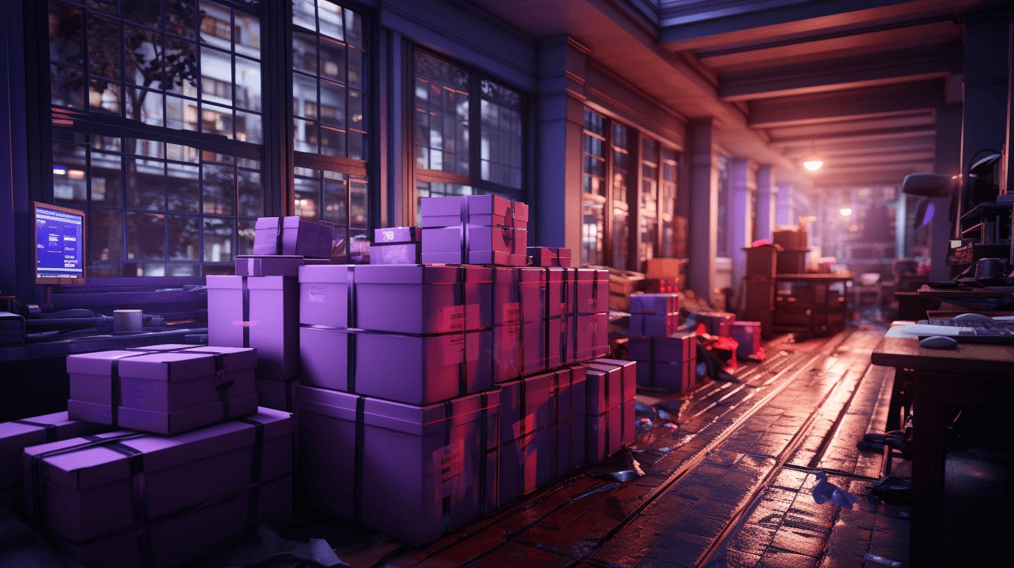 a room with purple colored boxes next to a light, in the style of photorealistic urban scenes a room with purple colored boxes next to a light, in the style of photorealistic urban scenes