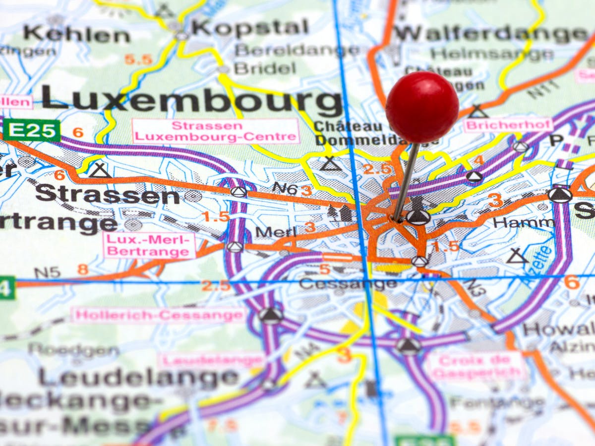 Luxembourg map, city center marked with a pin.