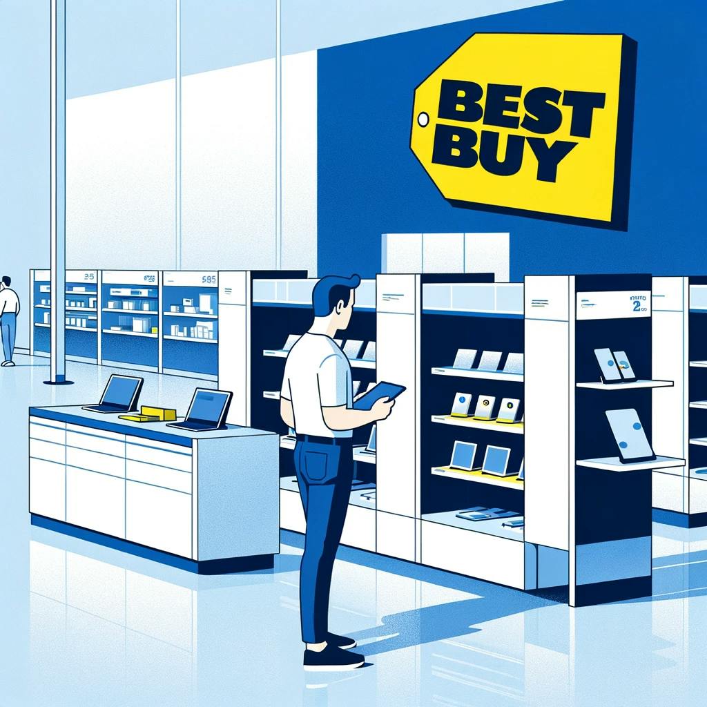 A man walk in the Best Buy store. 