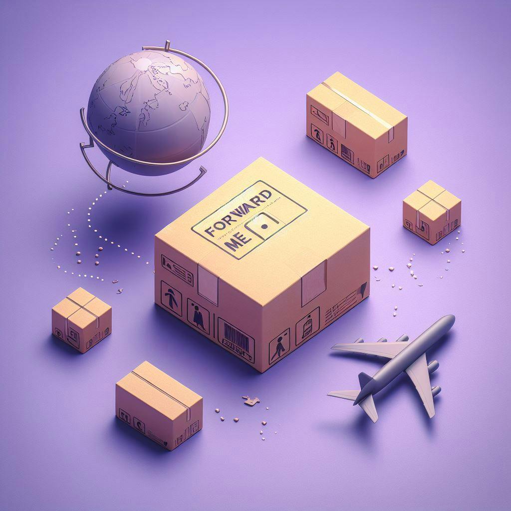 5 shipping package in the middle of the image, seperating an airplane and miniature world. Big shipping box has Forwardme written on it. 5 shipping package in the middle of the image, seperating an airplane and miniature world. Big shipping box has Forwardme written on it.