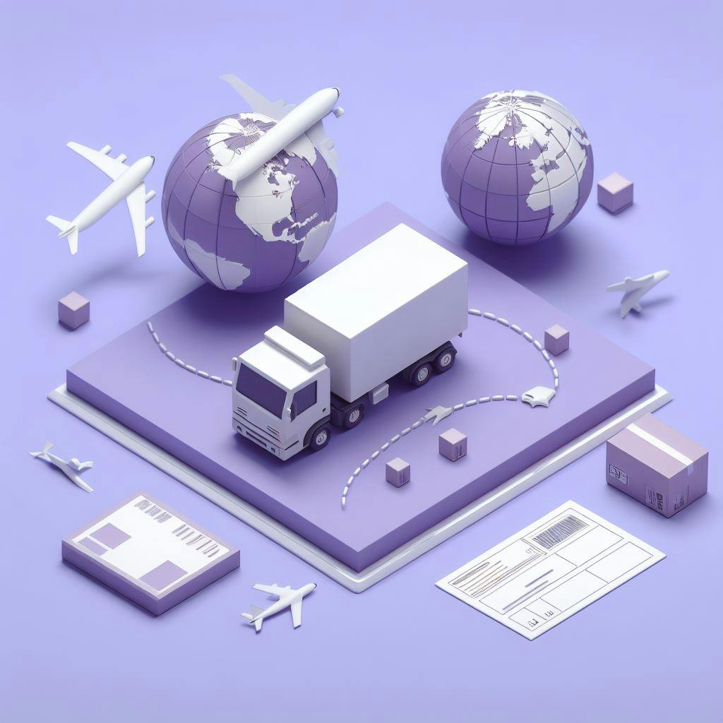 Icons that mimics international shipments on purple background. 