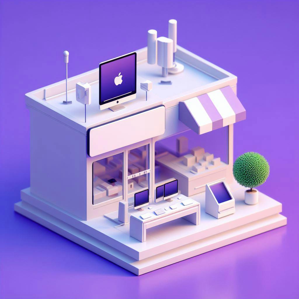 A white building with tech related stuff on it, in a purple background. 