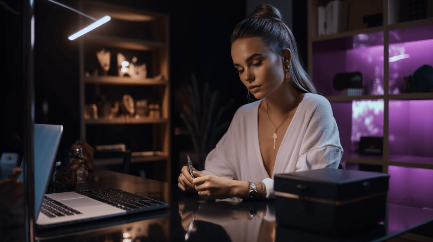 A woman browsing and purchasing clothes through an online shopping platform