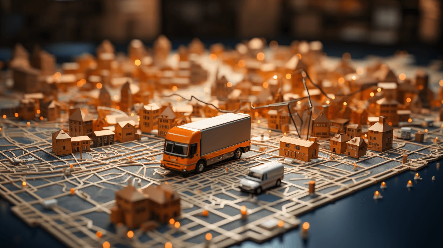 a truck sits on top of a toy city map, in the style of light gold and orange a truck sits on top of a toy city map, in the style of light gold and orange
