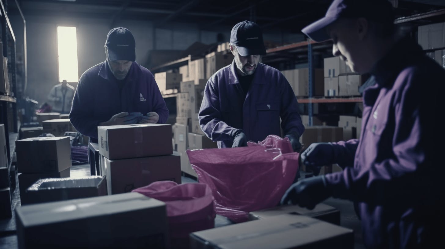 Three men carefully inspecting shipping boxes, ensuring they are ready for dispatch