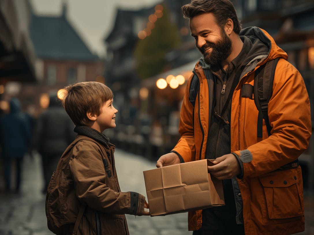a father and son handing a package, in the style of warm color palette