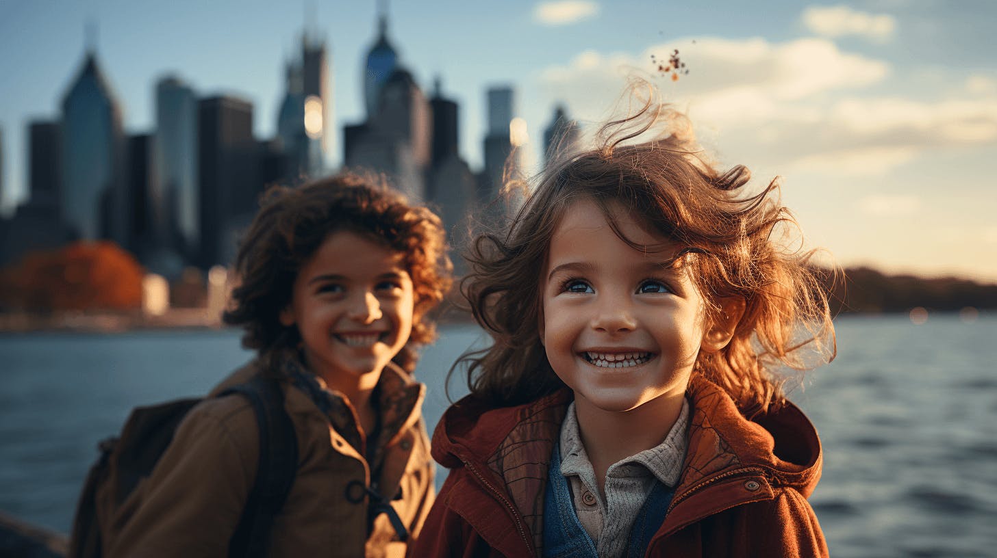 an image of two young girls standing in front of a large skyline