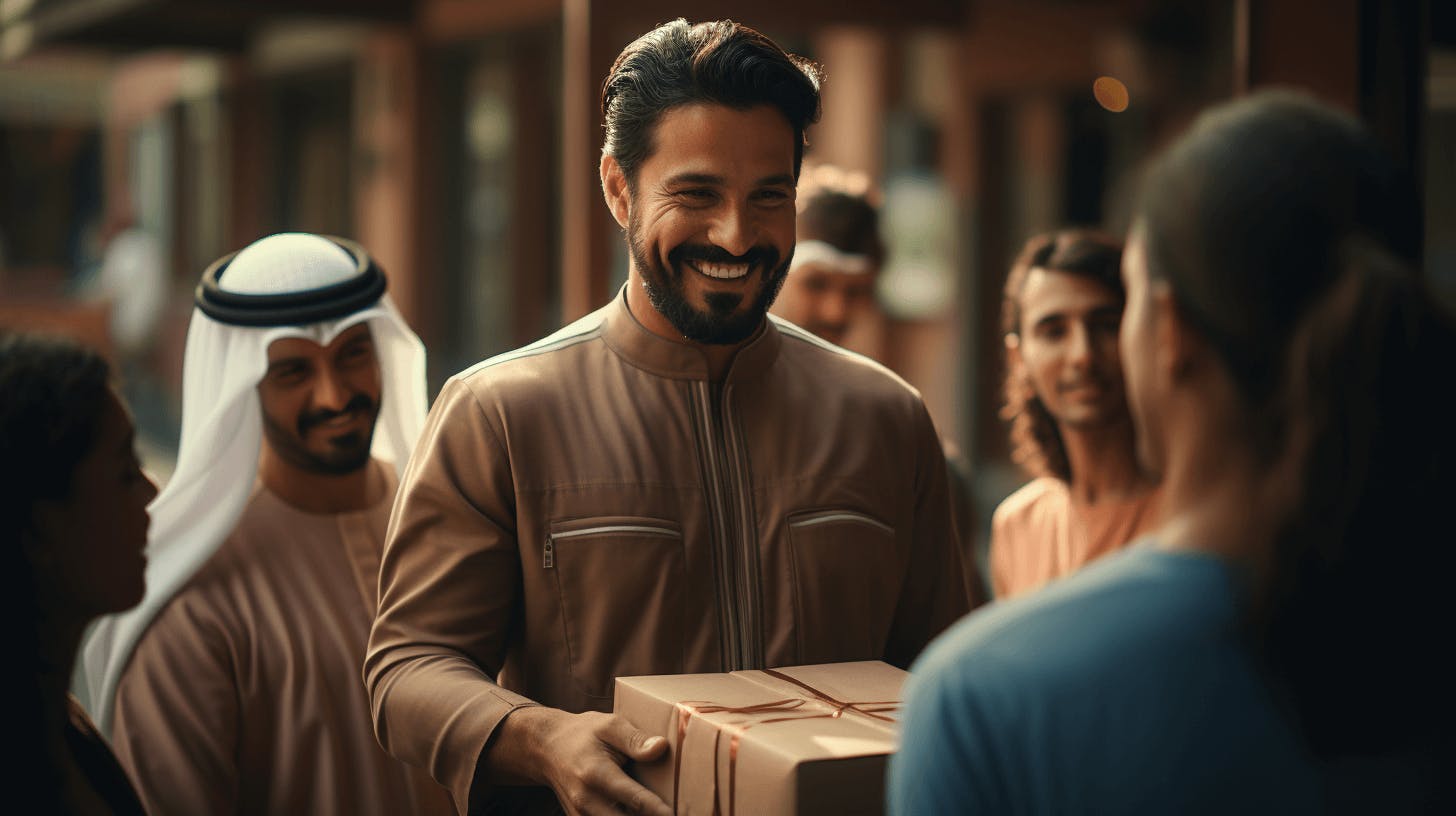 an egyptian man handing a cardboard box to a group of people