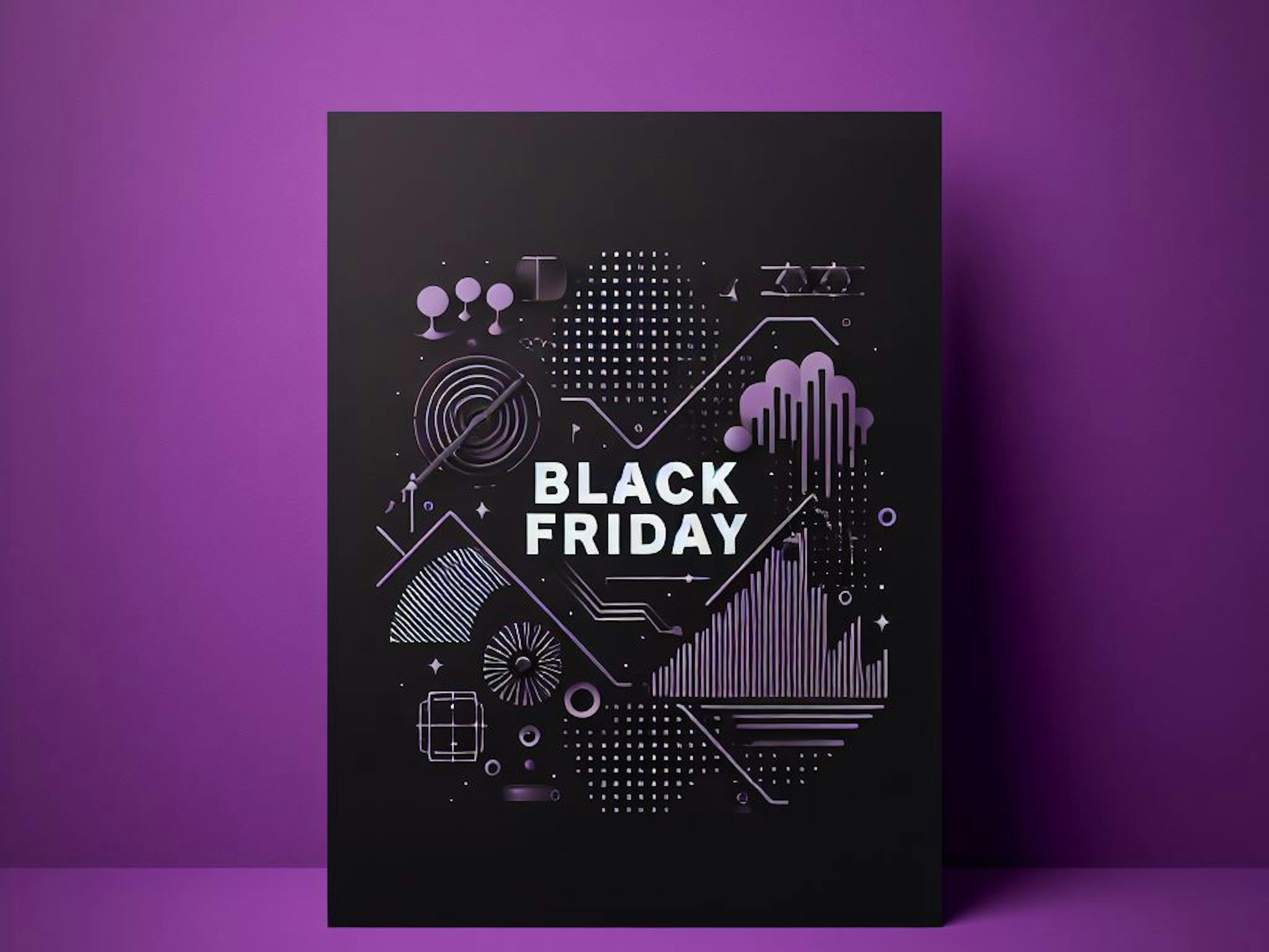 A black tablet on a purple background, black friday written on it. 