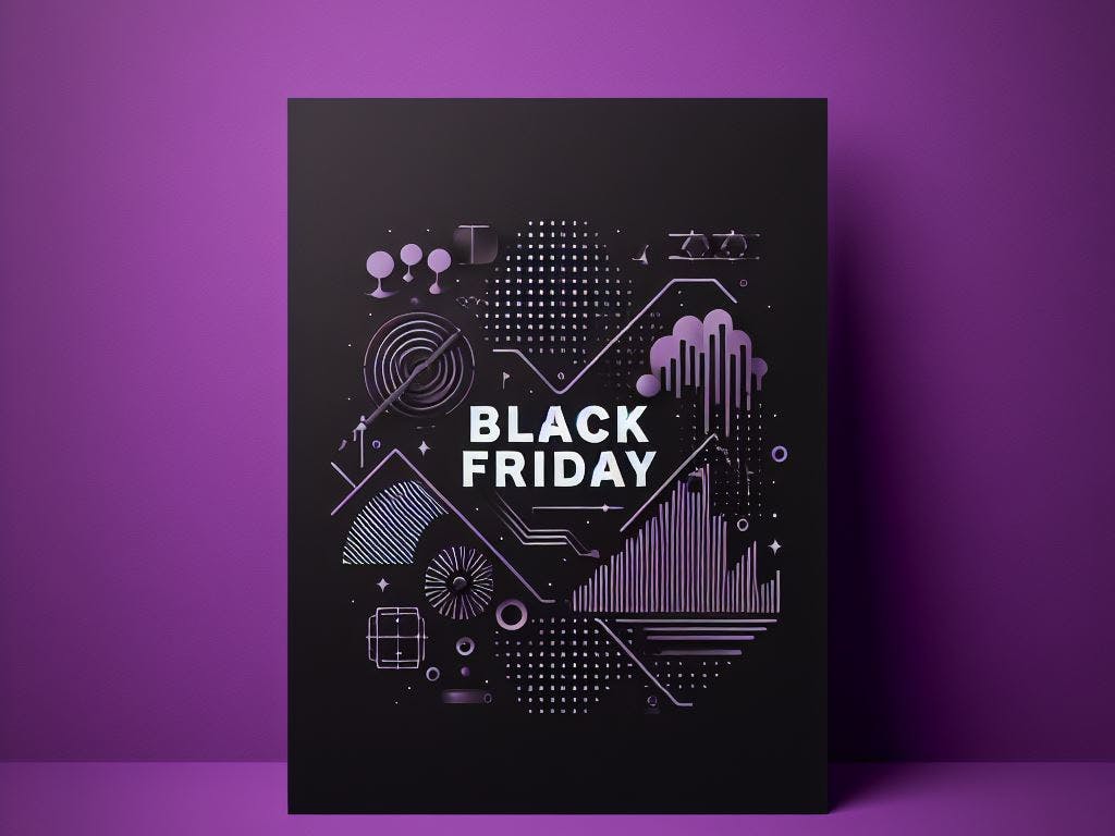 A black tablet on a purple background, black friday written on it. 