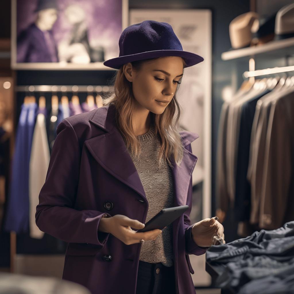 Mor giyimli kadın moda mağazında alışveriş yapıyor