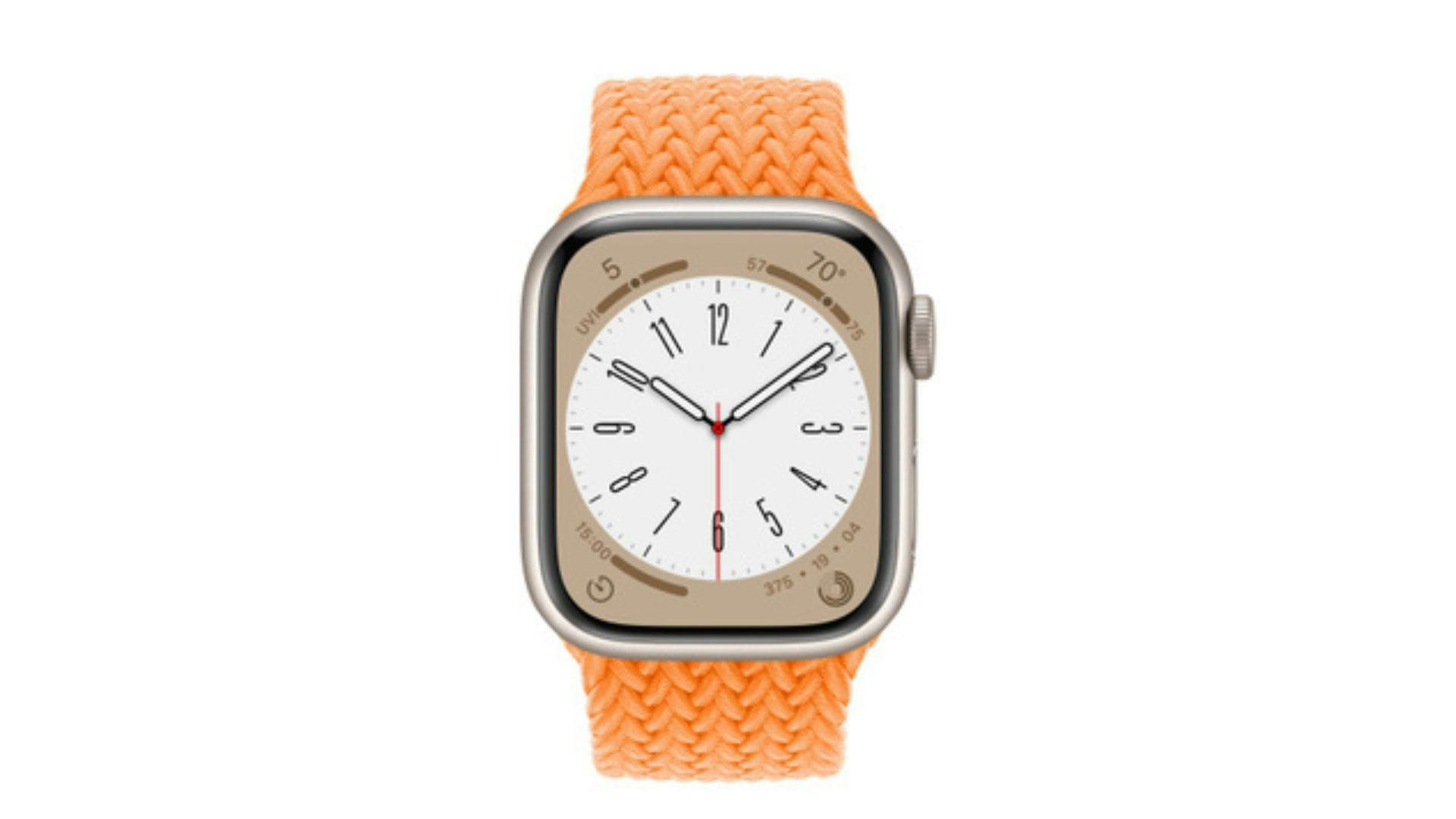 A model of Apple Watch with orange strap. 