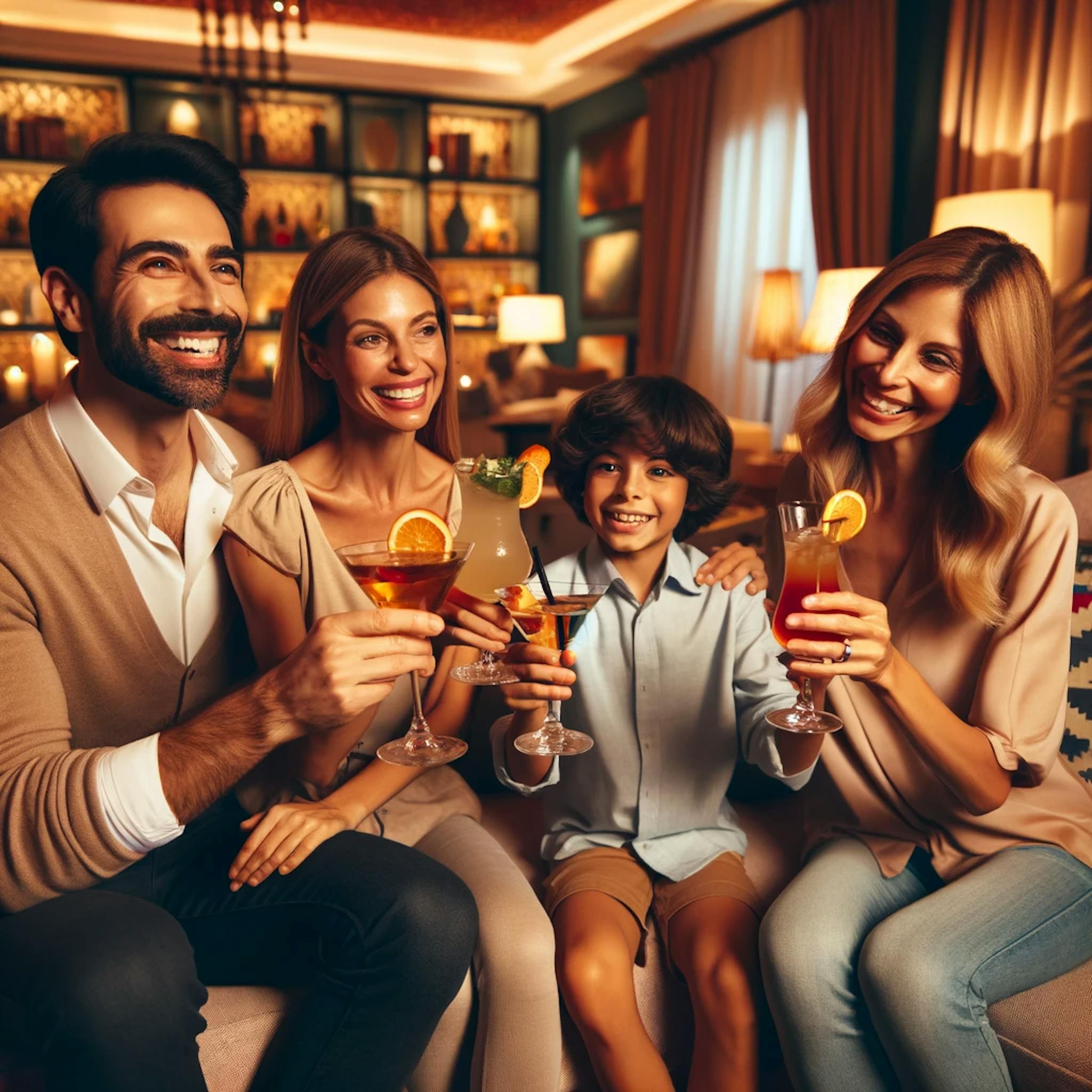  a joyful family sipping cocktails together in an elegantly decorated living room.