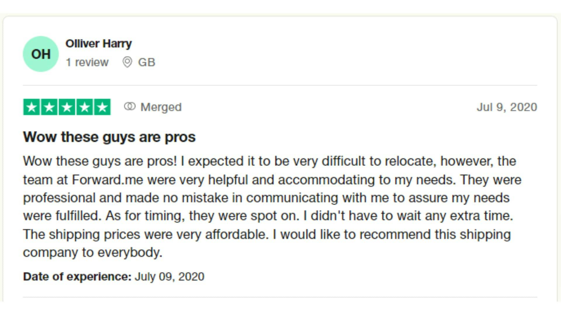 A customer review from Great Britain for Forwardme on Trustpilot.