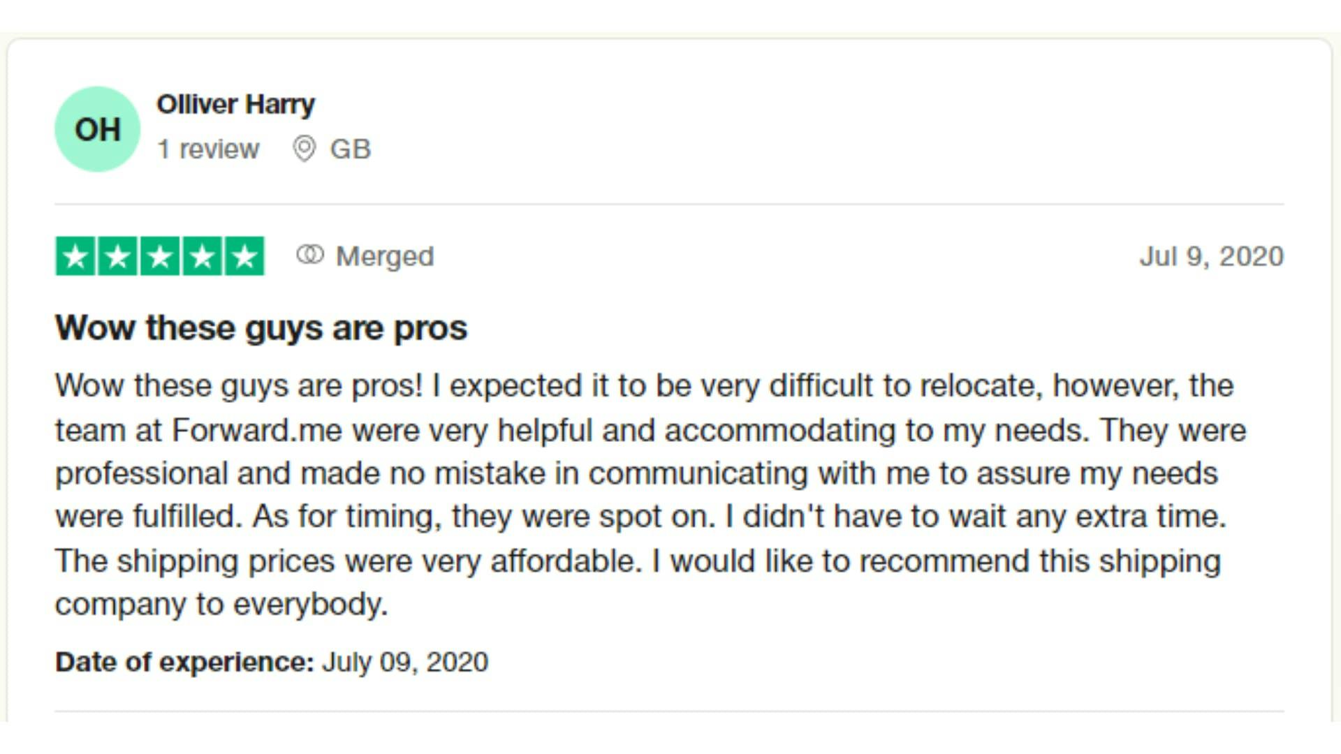 A customer review from Great Britain for Forwardme on Trustpilot. 