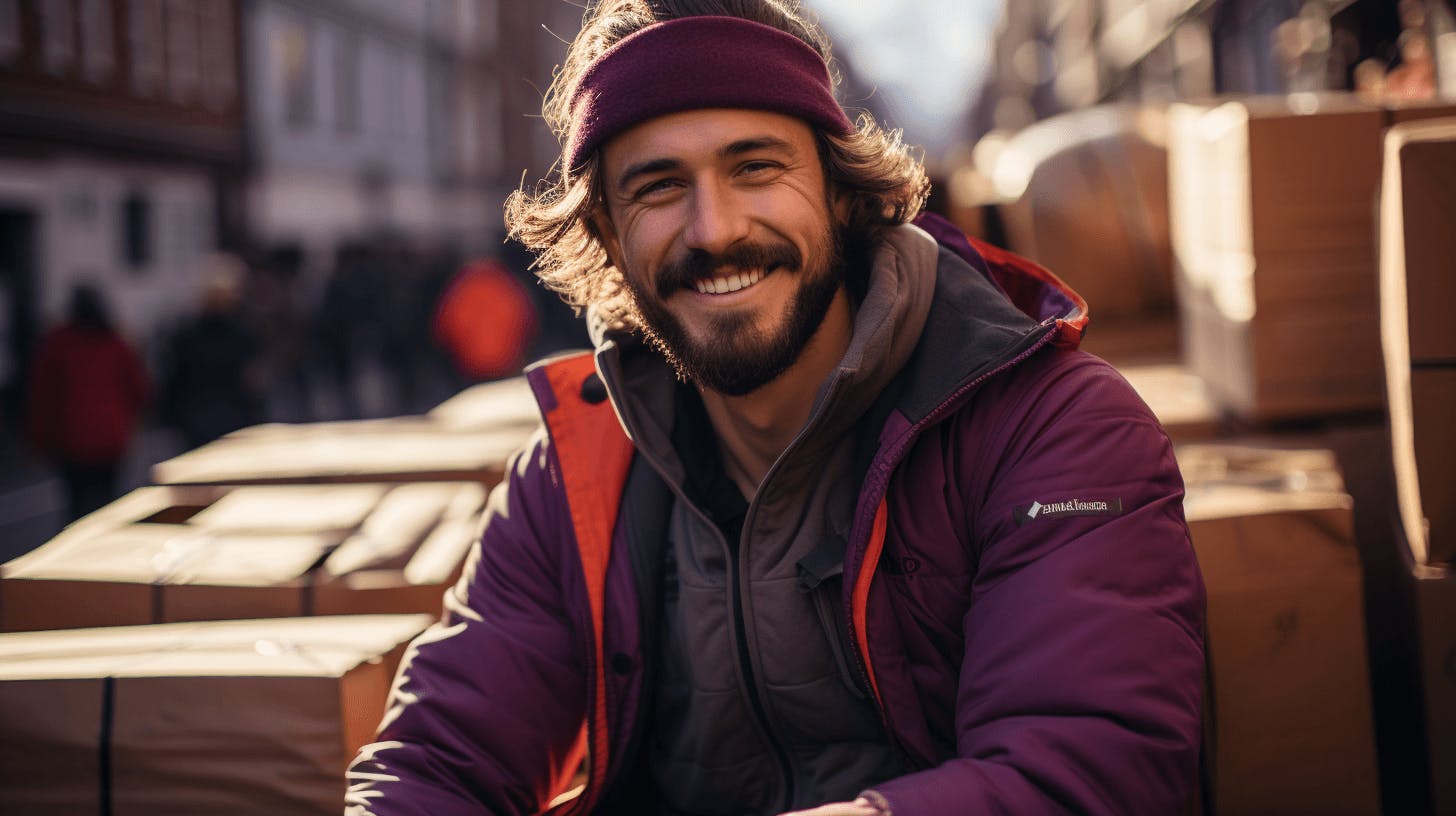 he homeless man smiling on the street, in the style of dark magenta and orange