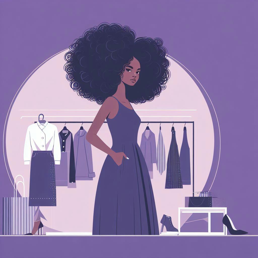 A curly haired woman in front of a clothing hang on a purple background. A curly haired woman in front of a clothing hang on a purple background.