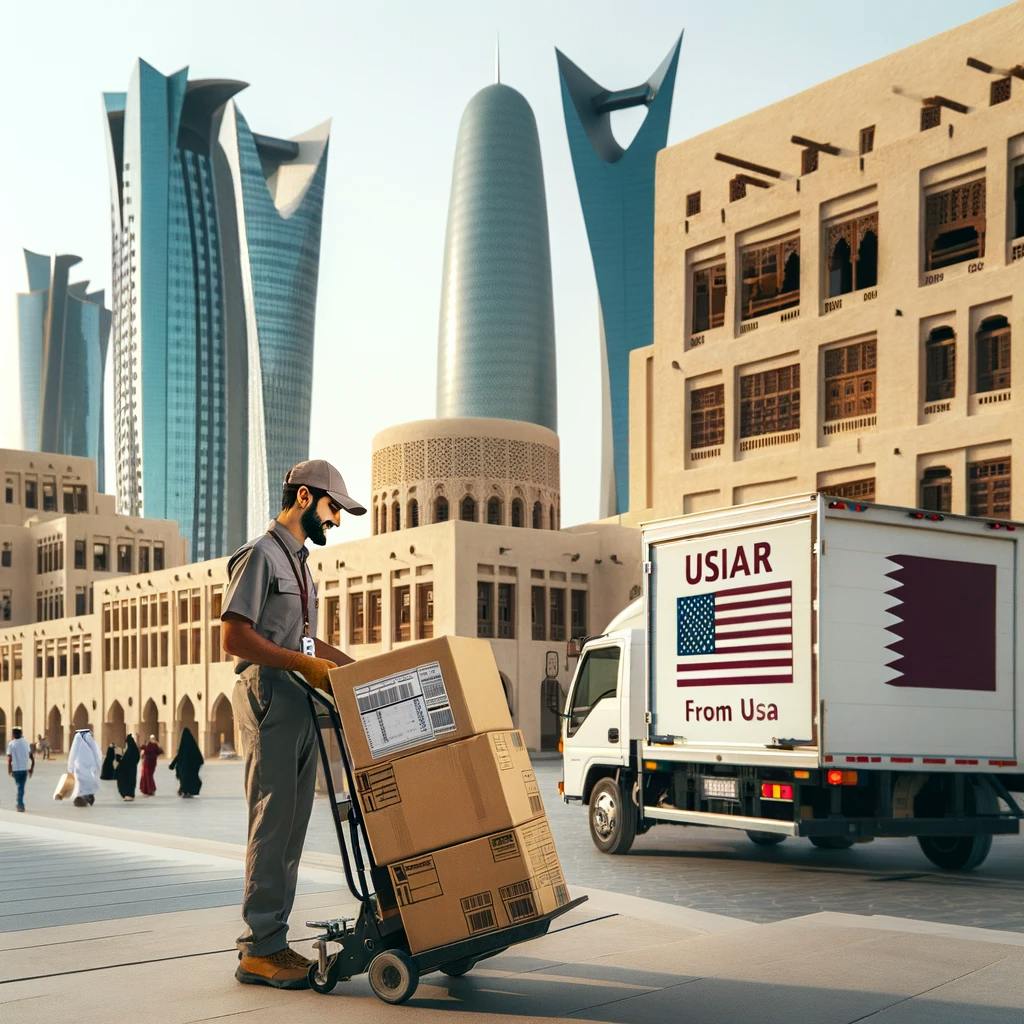 Image includes a delivery truck, a delivery person unloading the package, and the vibrant, multicultural cityscape of Qatar in the background.