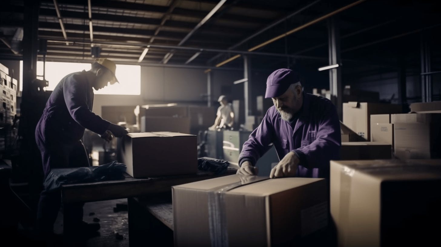 Men diligently packing and preparing shipping boxes for international delivery from the US