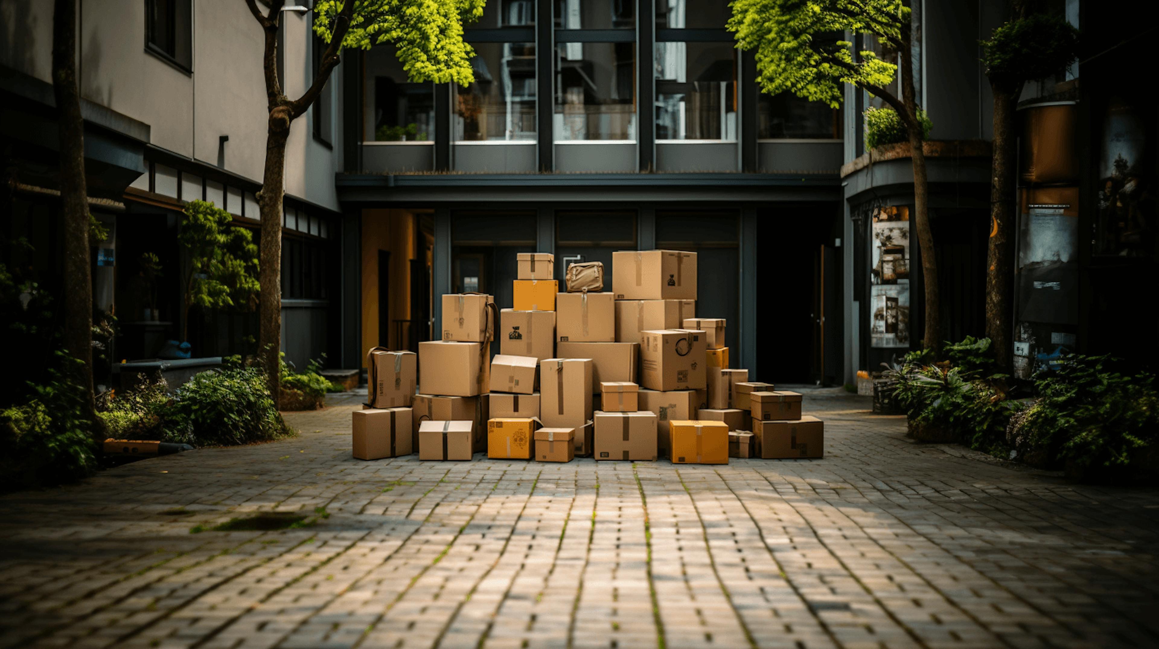 a pile of boxes on a brick sidewalk, in the style of naturalistic cityscapes, dark beige and yellow