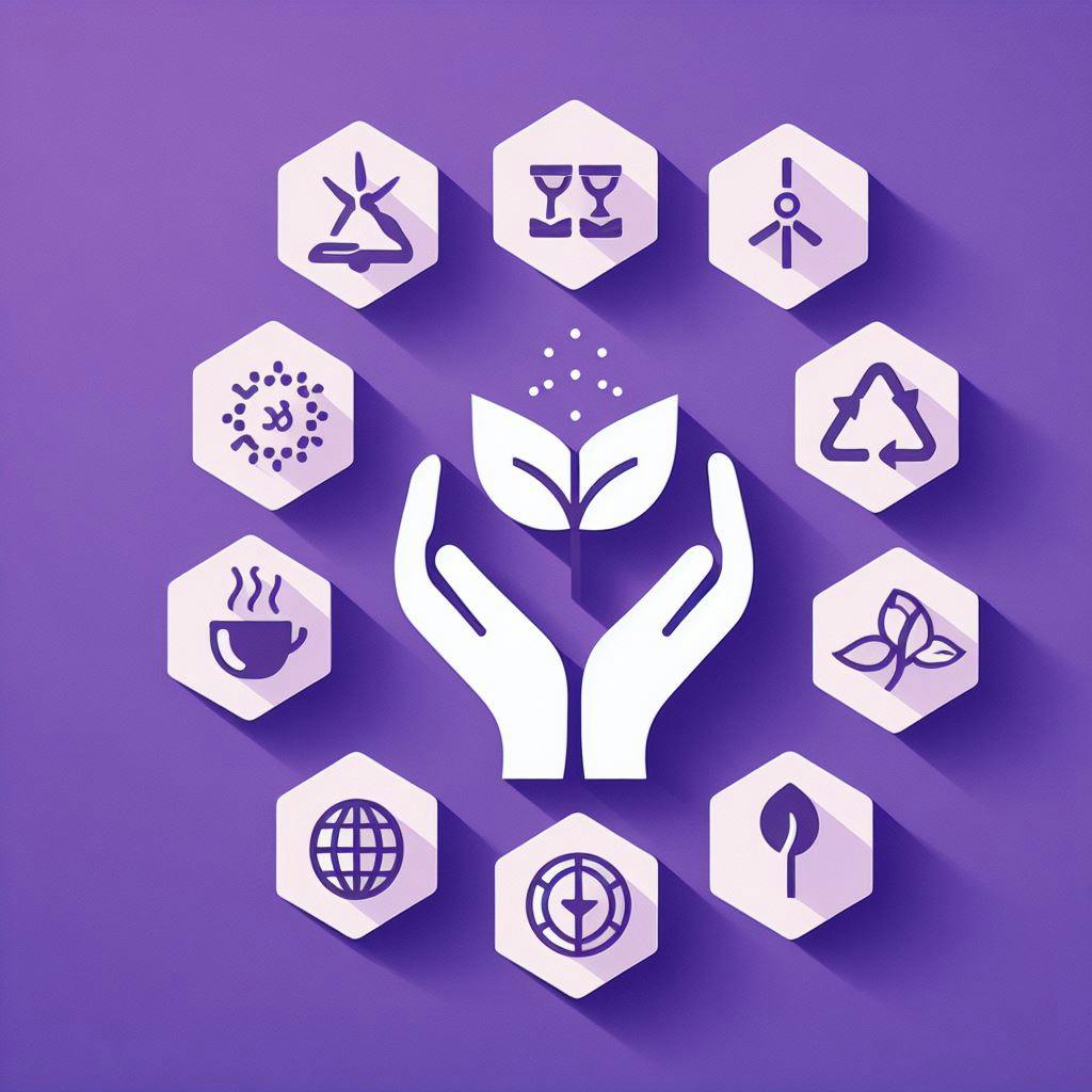 A hand holding two leaves to shop commitment to sustainability on a purple background. A hand holding two leaves to shop commitment to sustainability on a purple background.