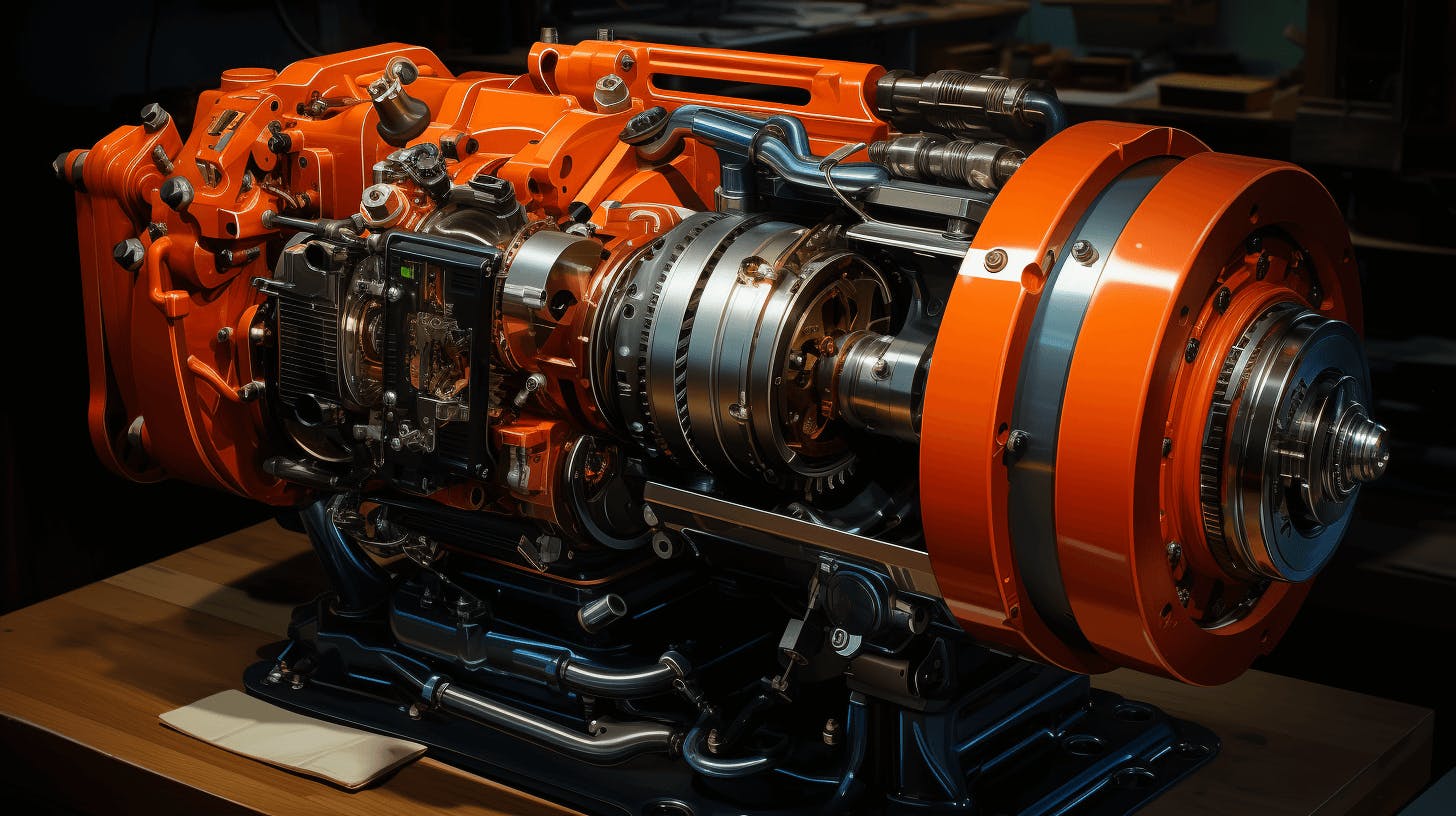 an orange and black machinery part is on display, in the style of hyper-realistic details