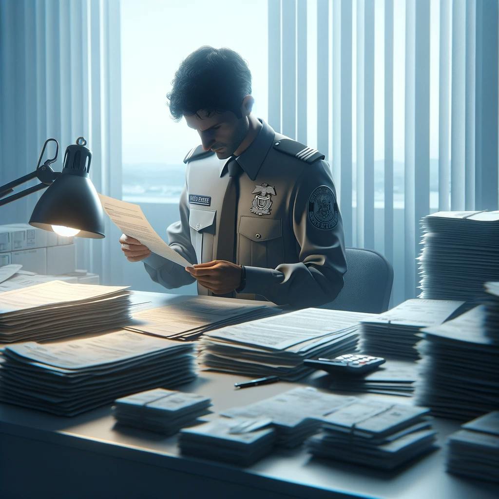 A customs person working on paperwork for the Brazil customs. 