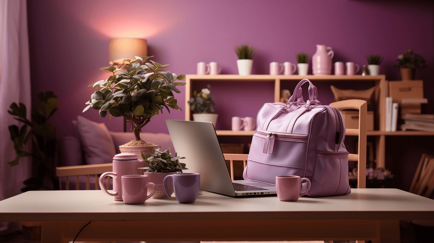 a cute purple laptop sits at a desk inside of a purple room, in the style of nature morte