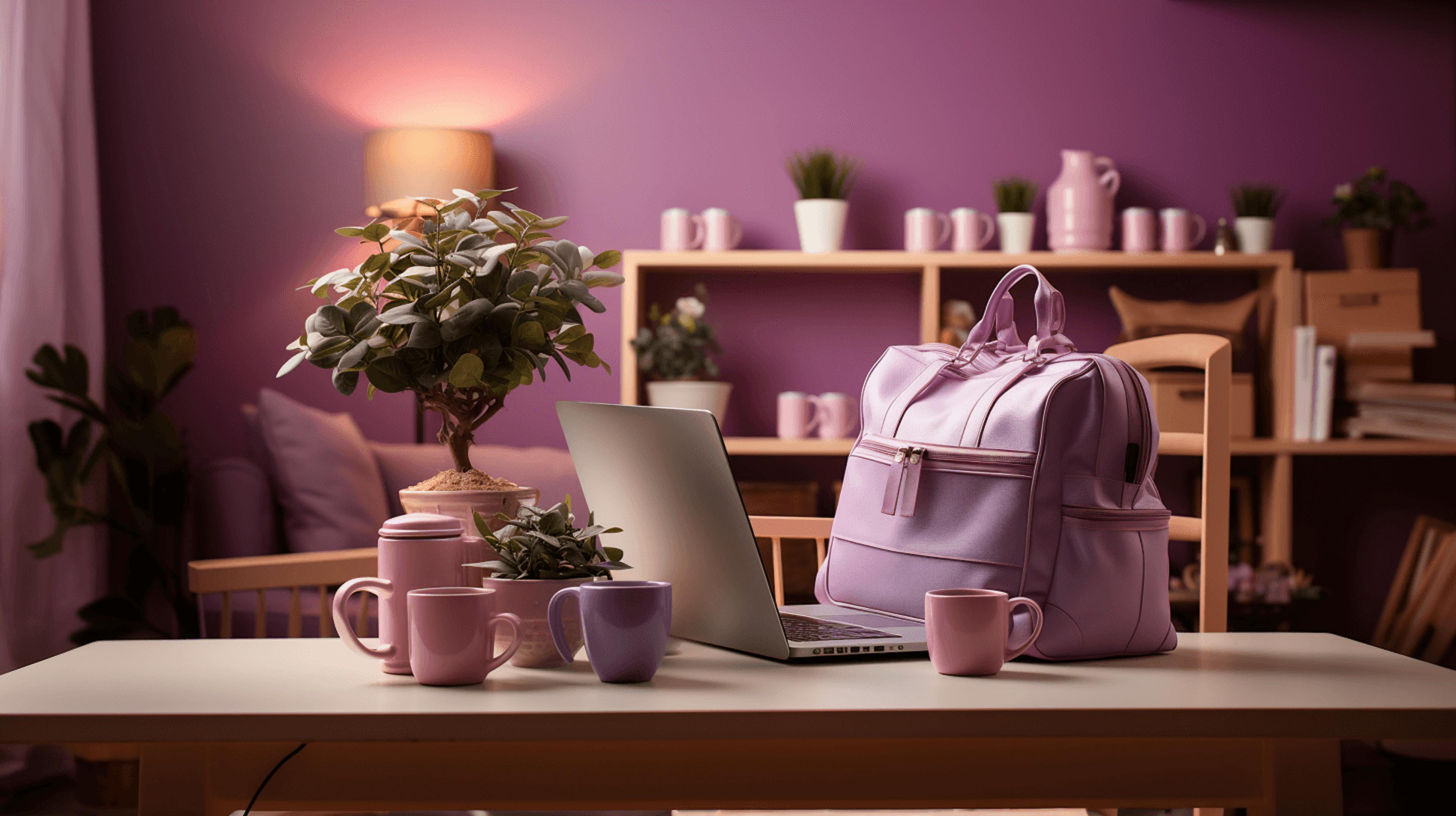 a cute purple laptop sits at a desk inside of a purple room, in the style of nature morte