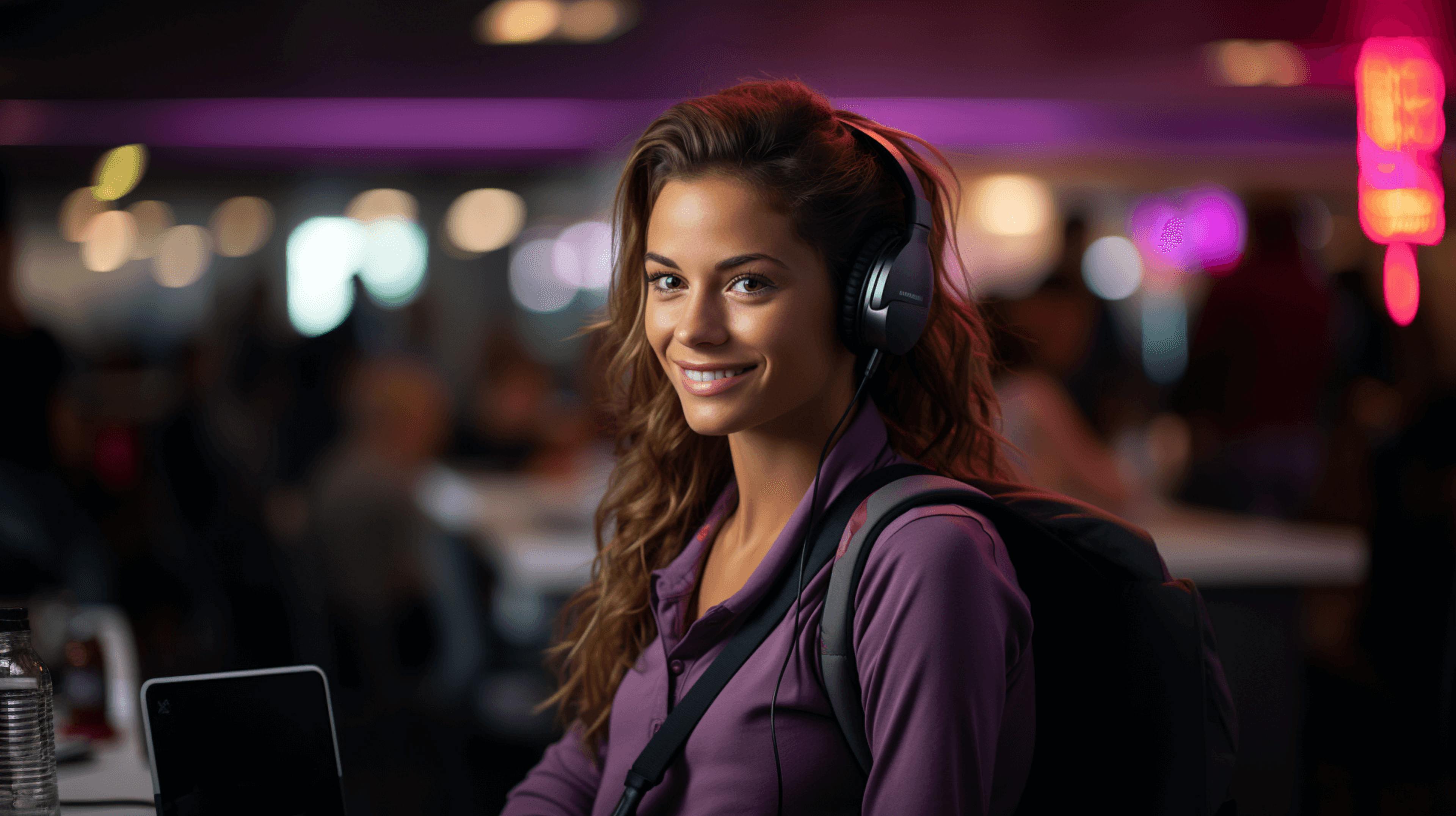 a beautiful woman wearing headphones in a restaurant, in the style of dark magenta and light black