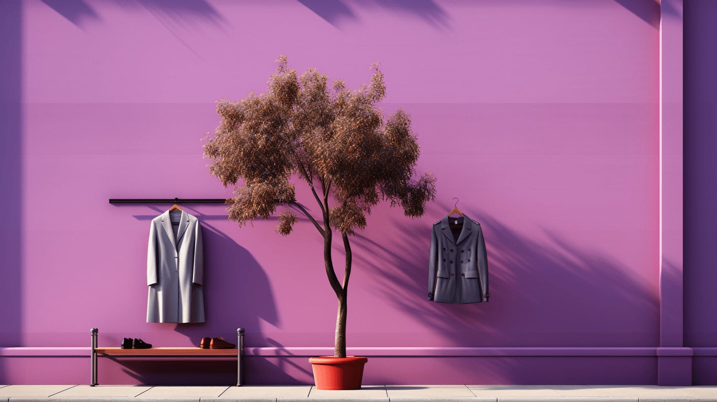 Sokak stili realizm tarzında, mor bir duvarın önünde açık bir gardırop ve bir ağaç.