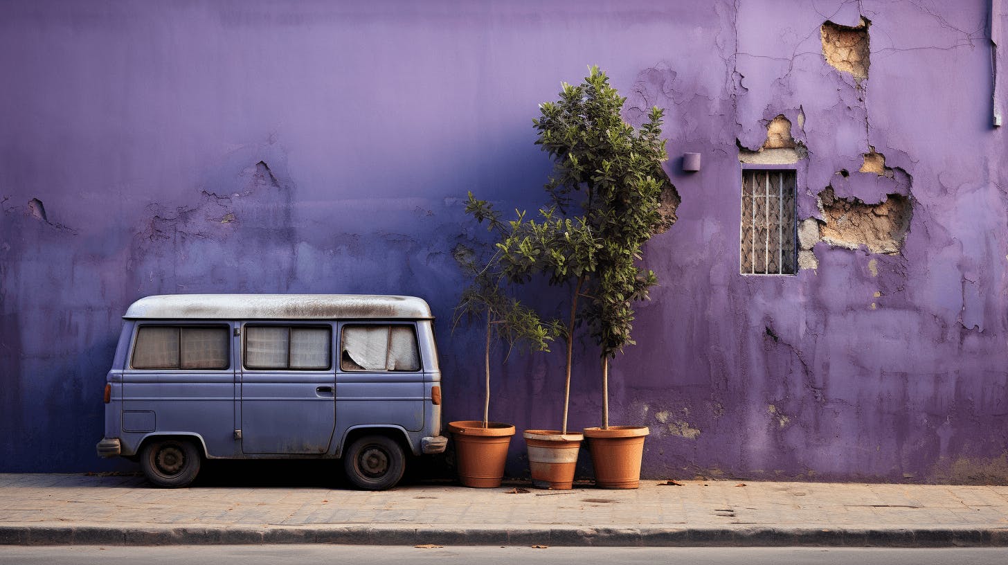 a van rests in line with a blue color wall, in the style of violet and indigo