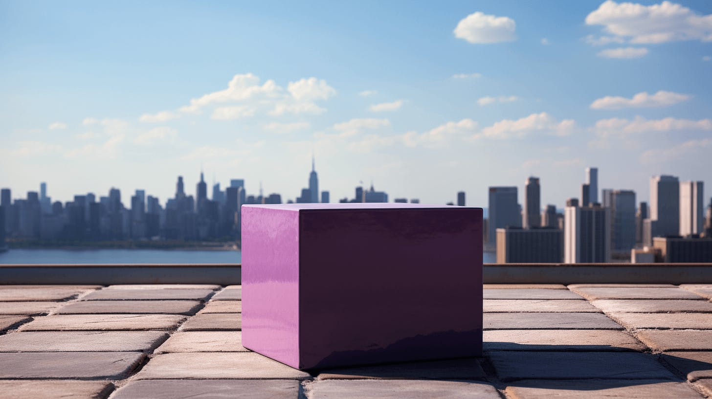 a purple box with a city skyline by it, in the style of minimalist sculptor
