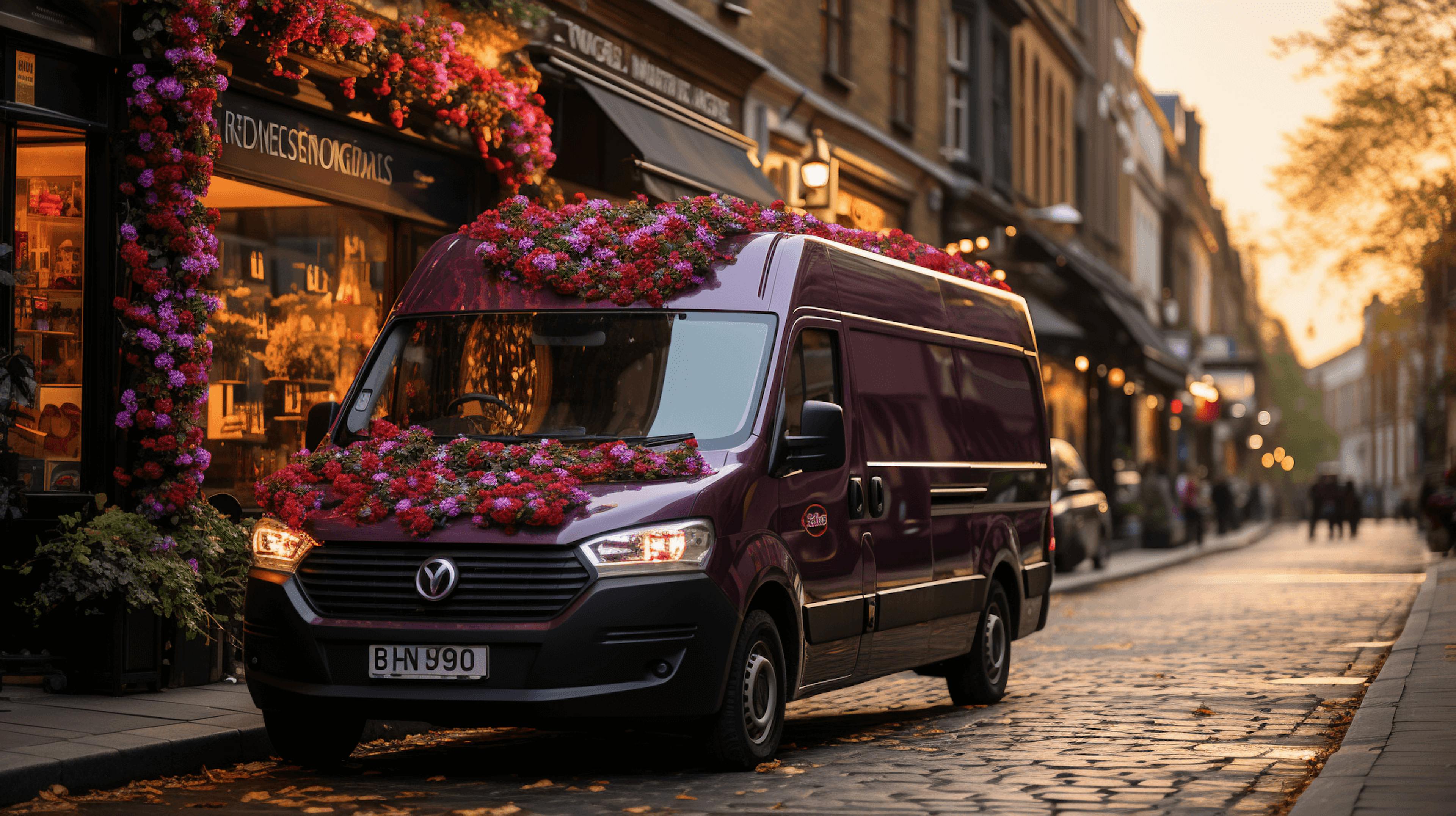 a purple flower adorned van is parked on the street