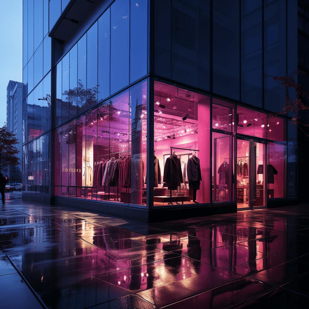 glass front building is illuminated with pink light