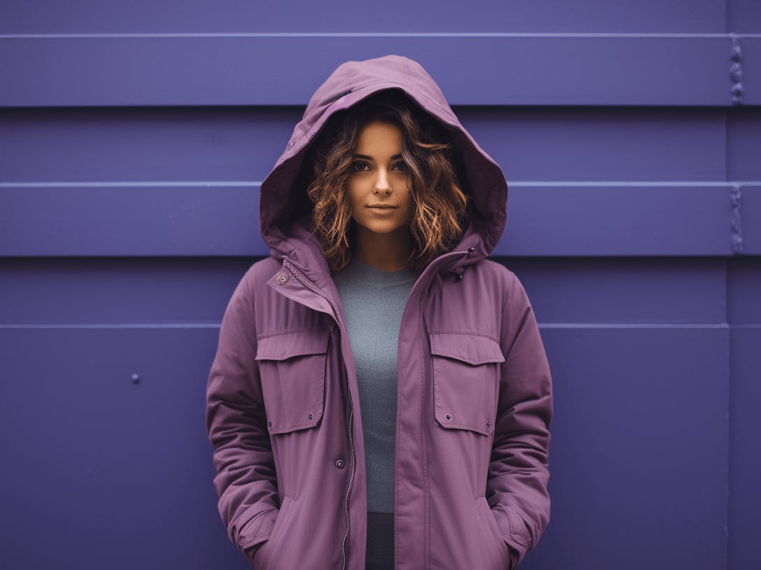 A person wearing a purple jacket from a Colombian brand in the rain