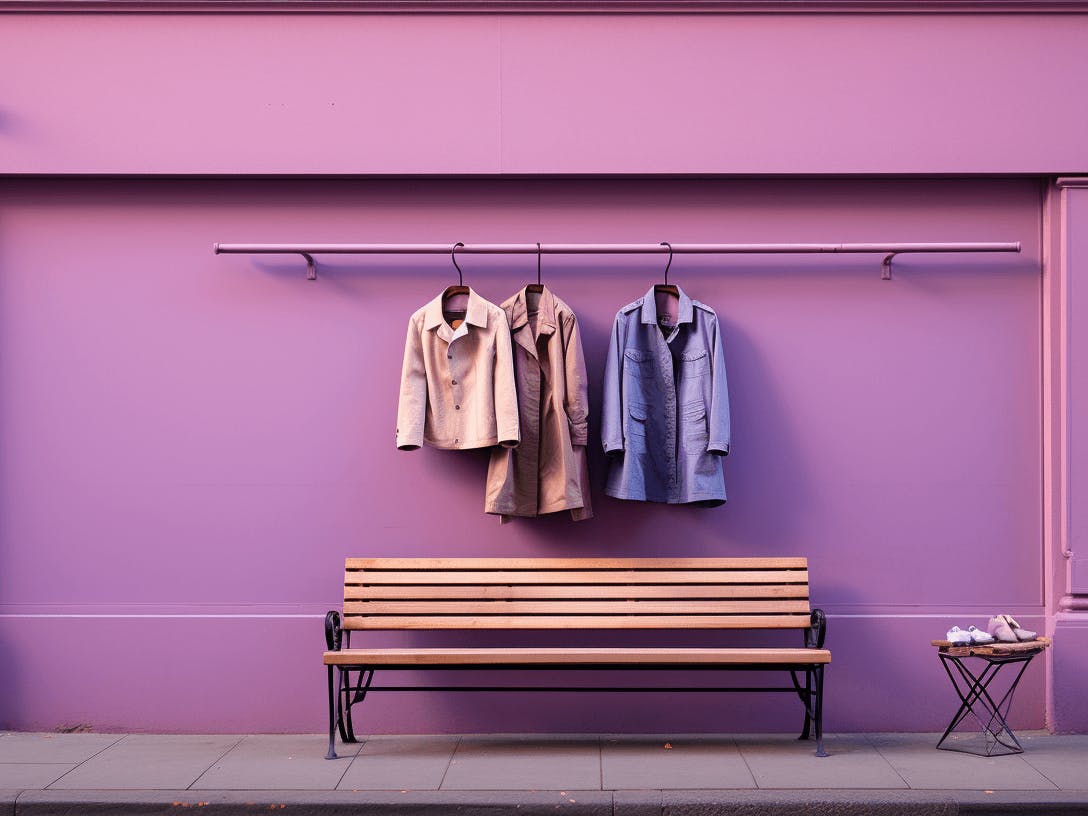 three coats hanging next to a bench near a purple building