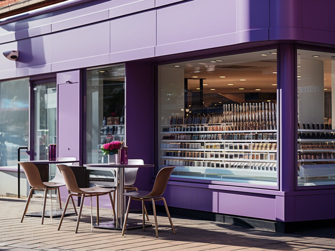 purple and white store building, in the style of visually tactile surfaces