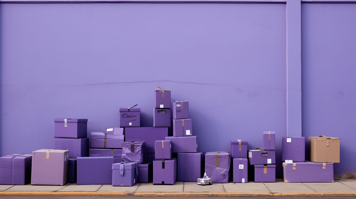 purple boxes in front of the wall
