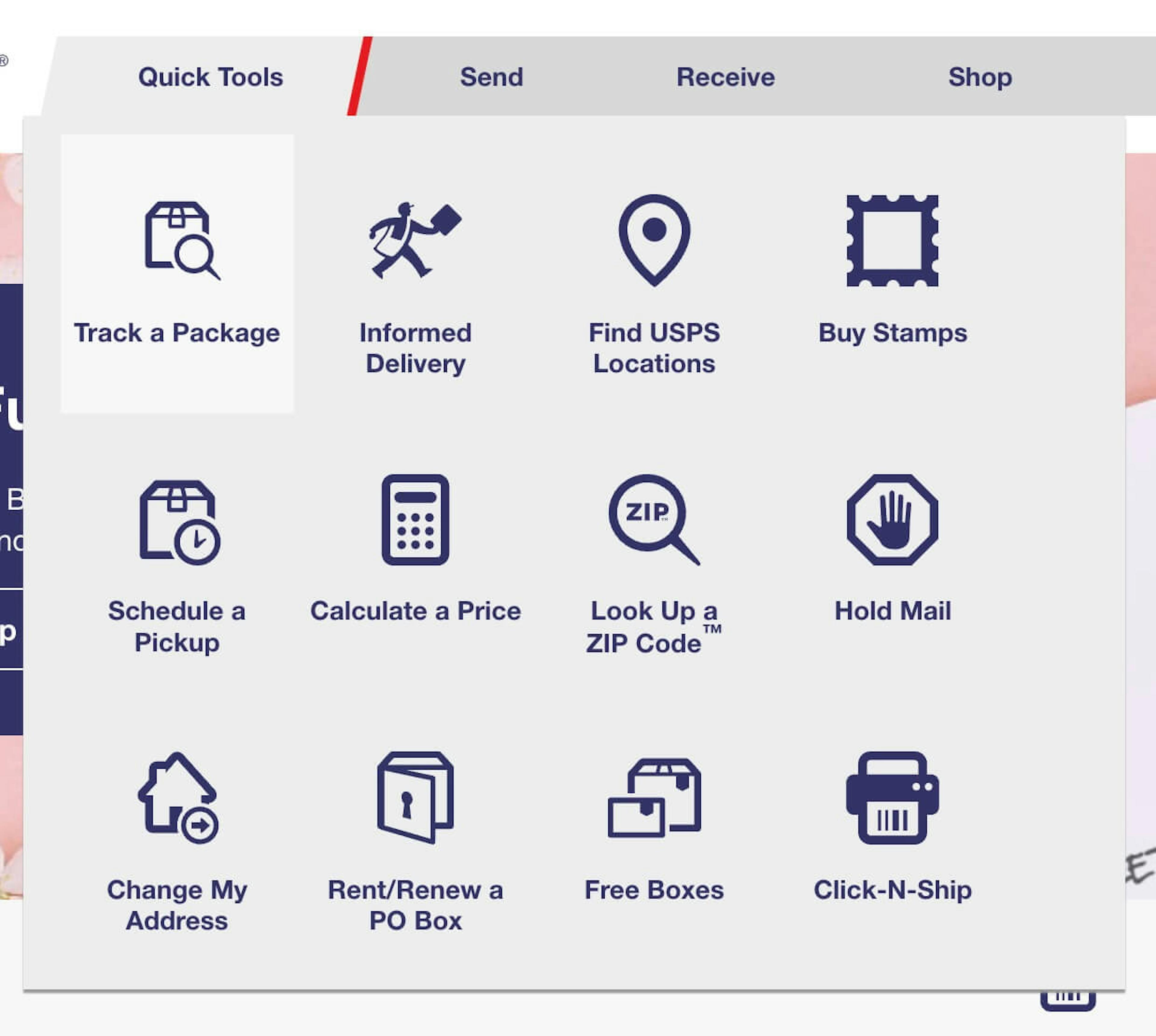 USPS website quick tools menu