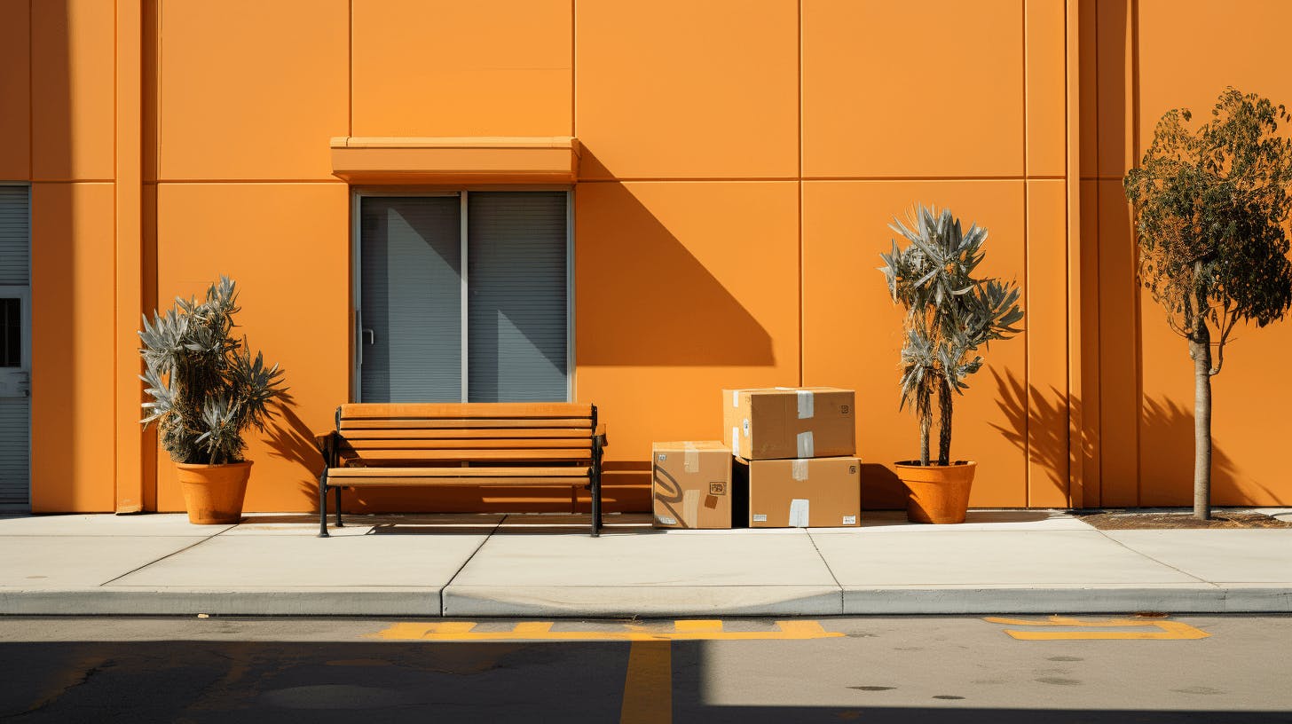 an orange wall beside a green trimmed bench