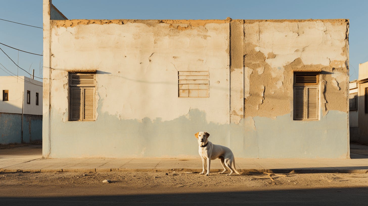 a dog standing near painted and fenced wall and roof